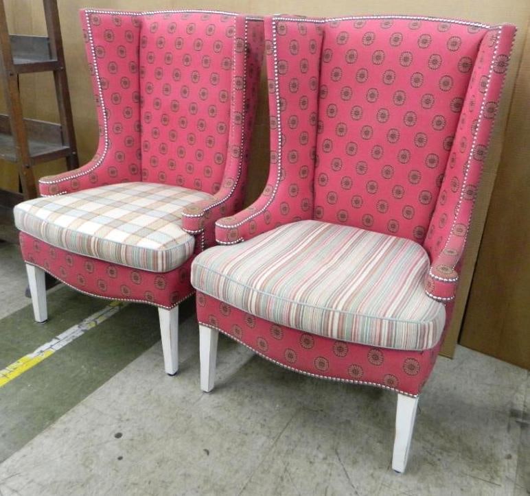 Pair of Upholstered Wing Back Chairs - Each 43" x 27" x 30": See Photos For Condition and Details