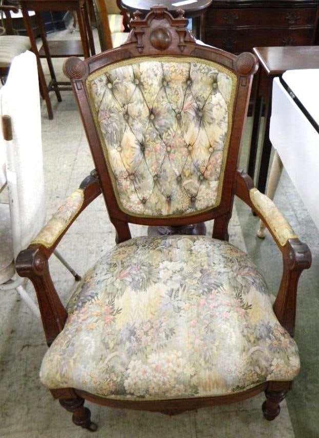 Vintage Upholstered Victorian Arm Chair on Casters - 40.5" x 28" x 29": See Photos For Condition and Details