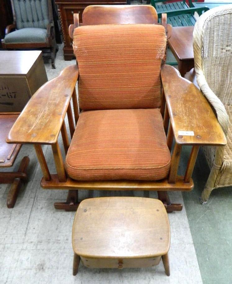 Cushman Maple Arm Chair and Ottoman - Upholstered Cushions Need Help - 35.5" x 38.5" x 35": See Photos For Condition and Details