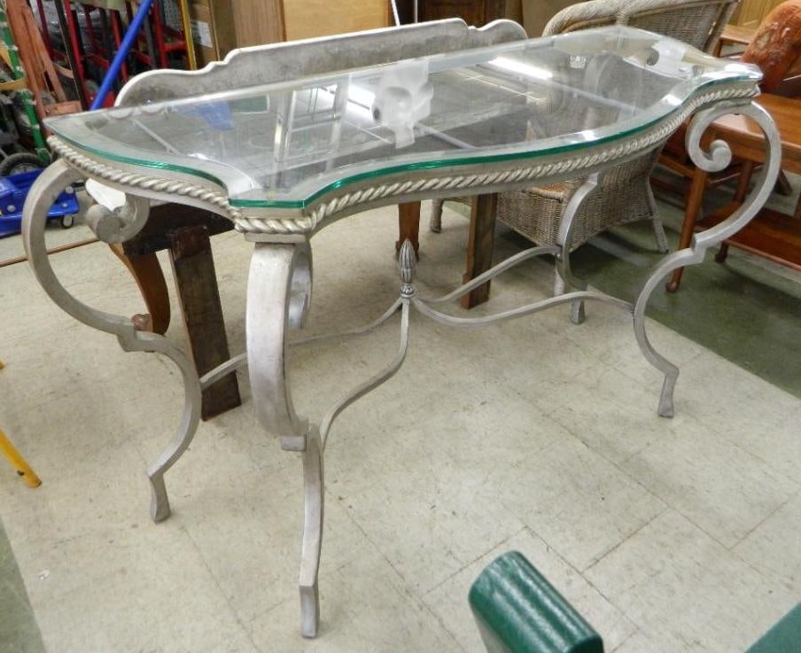 Glass Top Metal Base Foyer / Sofa Table - 35" x 59" x 21.5": See Photos For Condition and Details