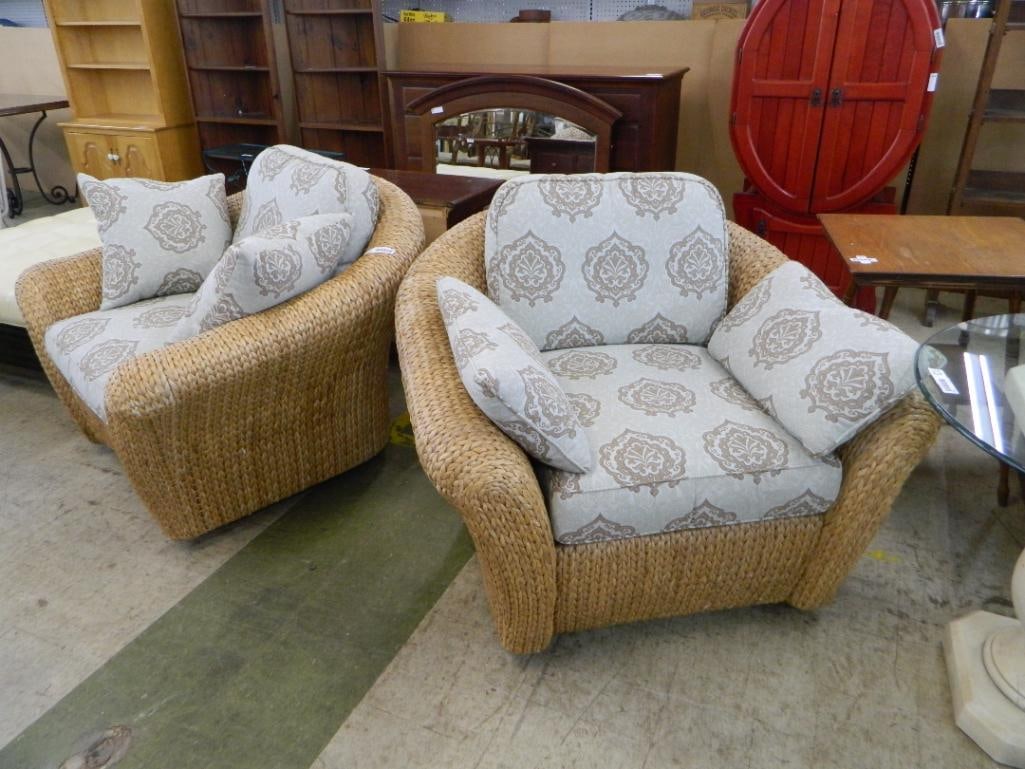 Pair of Century Swivel Woven Arm Chairs with Cushions and Pillows - Each 33" x 44" x 43" - 2