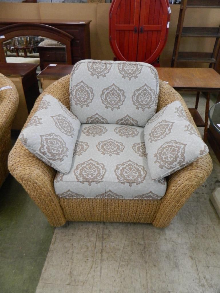 Pair of Century Swivel Woven Arm Chairs with Cushions and Pillows - Each 33" x 44" x 43" - 4