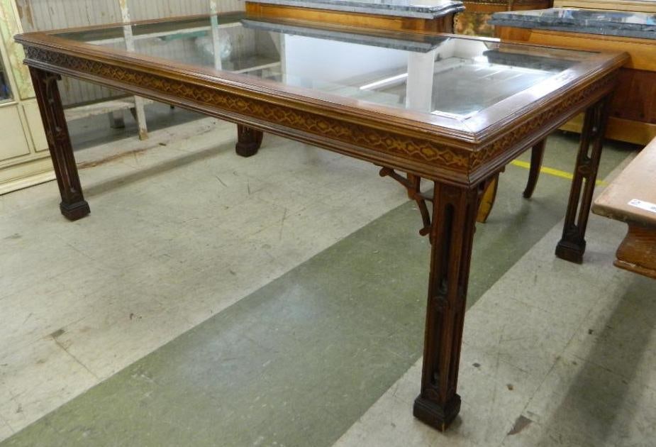 Glass Top Chinese Themed Dining Table - 30" x 73" x 43": See Photos For Condition and Details