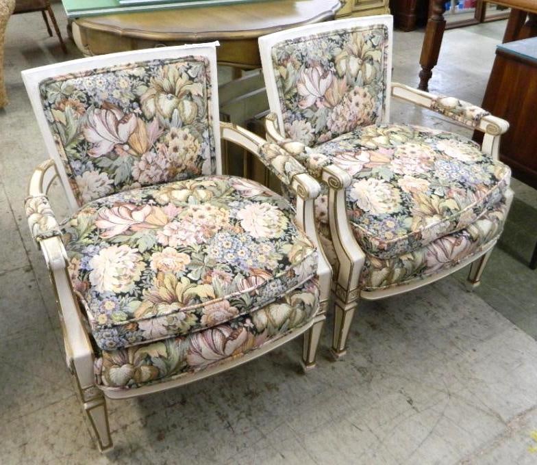 Pair of Upholstered French Provincial Arm Chairs - Each 30" x 24" x 21": See Photos For Condition and Details