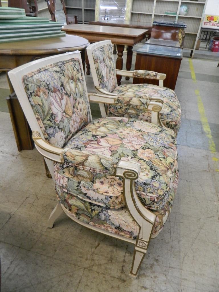 Pair of Upholstered French Provincial Arm Chairs - Each 30" x 24" x 21" - 7