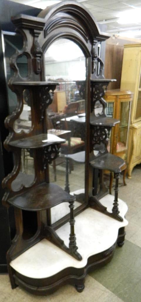 Victorian Walnut Etagere with Marble and Full Length Mirror - 82" x 55" x 19": See Photos For Condition and Details