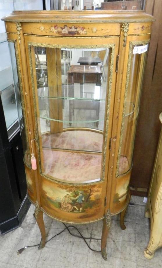 French Louis XV Style Bow Front Lighted Curio Cabinet - 56" x 27" x 13.5": Hand Painted - See Photos For Condition and Details