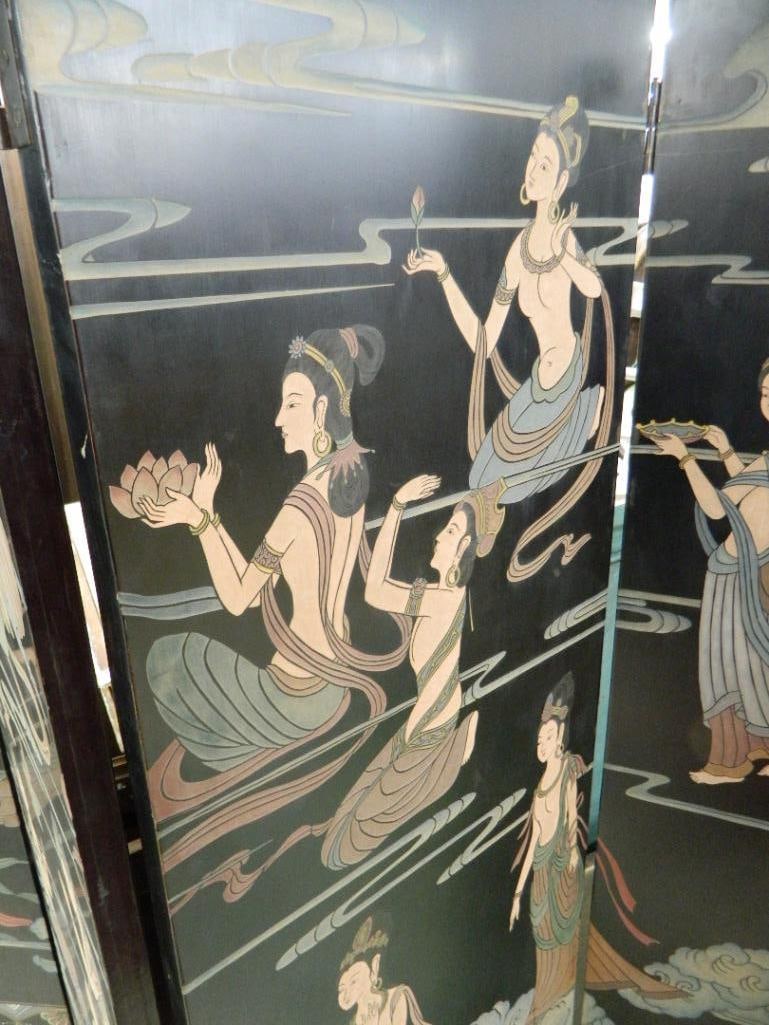 6 Panel Chinese Screen / Room Divider - Carved and Painted - 72" x 108" - 13