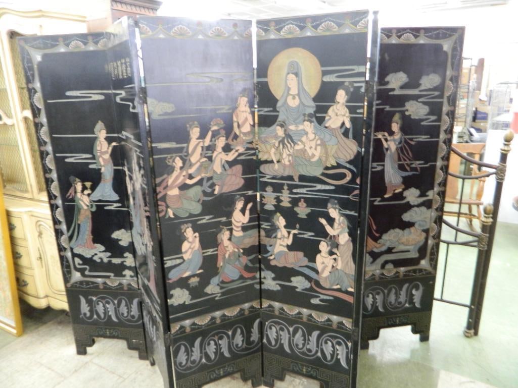 6 Panel Chinese Screen / Room Divider - Carved and Painted - 72" x 108" - 17
