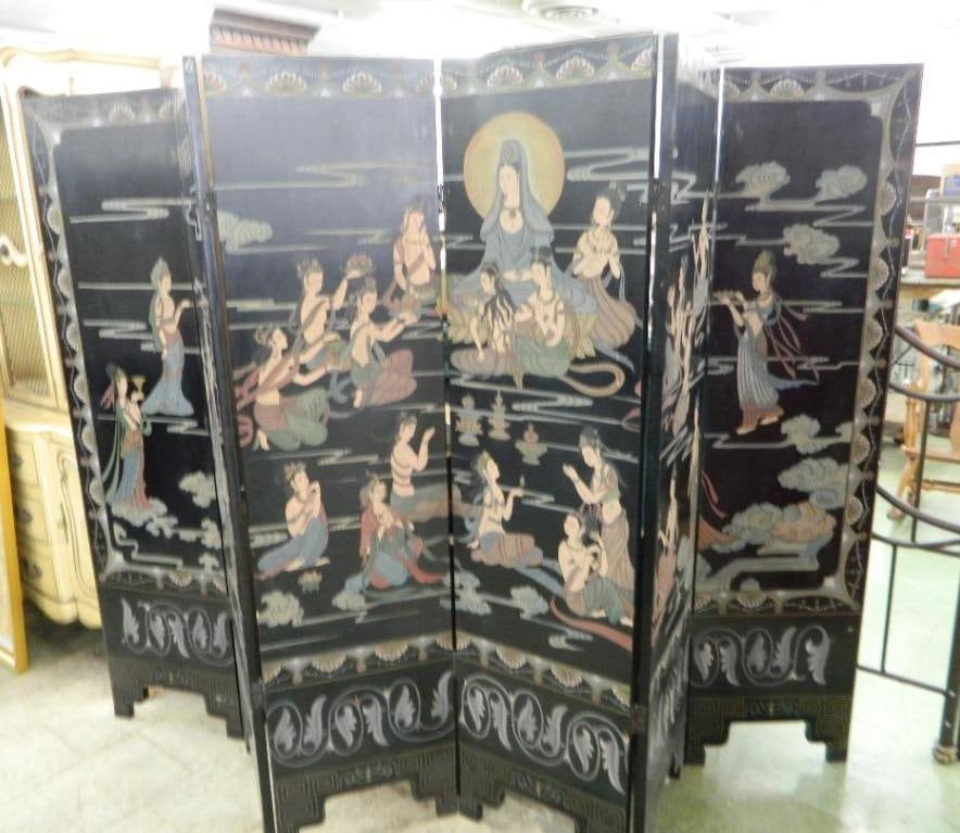 6 Panel Chinese Screen / Room Divider - Carved and Painted - 72" x 108": See Photos For Condition and Details