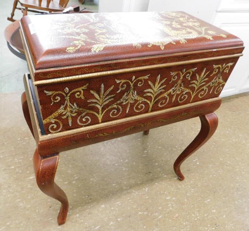 Modern 2 Piece Decorated Trunk on Stand - 29.5" x 27" x 15.5": Leg Repaired - See Photos For Condition and Details