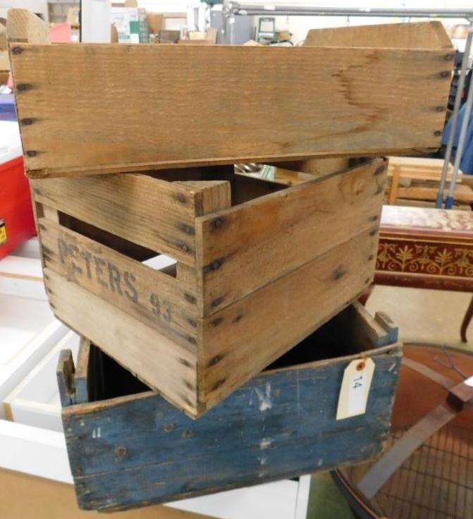 Group of 3 Wood Advertising Crates - "United Packing" - " Peters" - Blue One 10" x 18" x 12": See Photos For Condition and Details