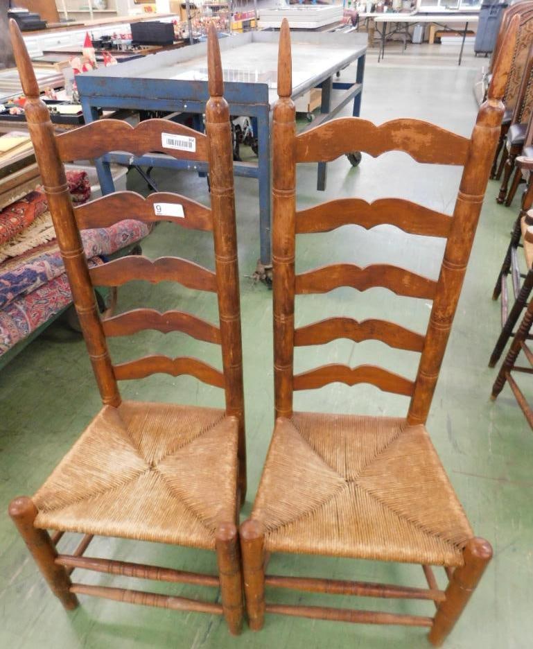 Pair of Vintage Ladder Back Side Chairs - Rush Seats - Each 49.5" x 19" x 16": See Photos For Condition and Details