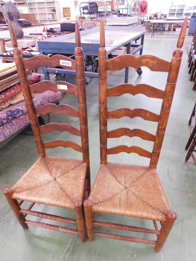 Pair of Vintage Ladder Back Side Chairs - Rush Seats - Each 49.5" x 19" x 16" - 7