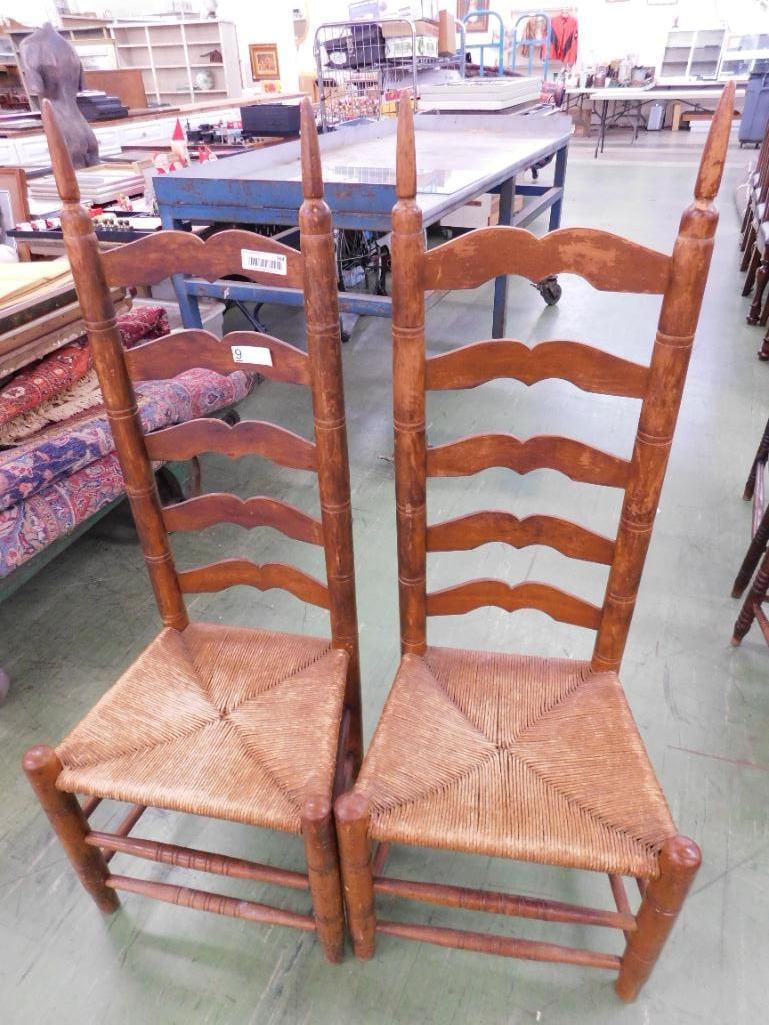 Pair of Vintage Ladder Back Side Chairs - Rush Seats - Each 49.5" x 19" x 16" - 8