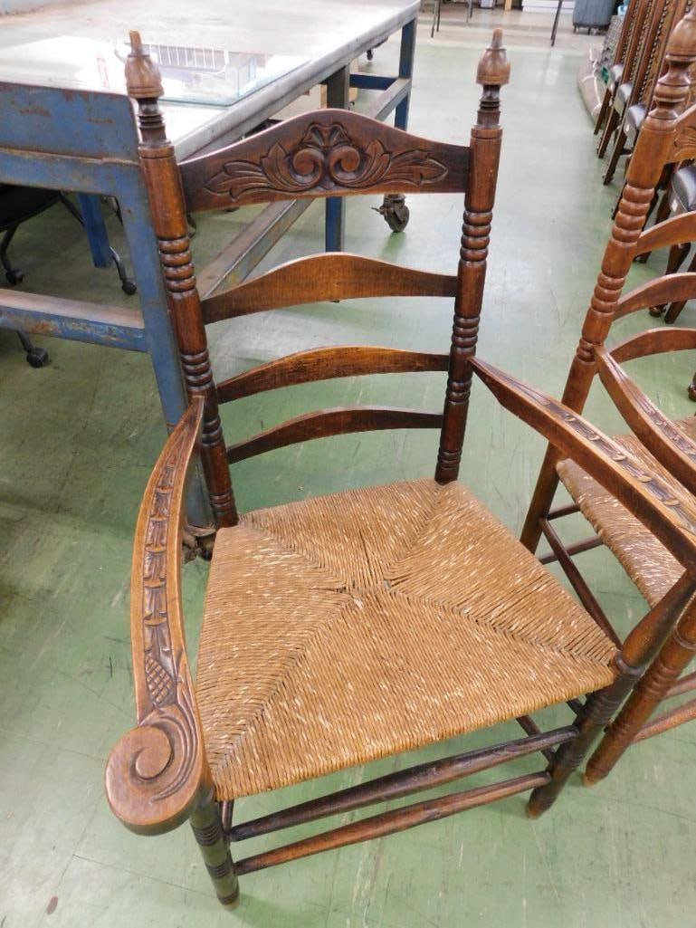 Pair of Early hand carved Ladder Back Arm Chairs - Rush bottom Seats - 42" x 25.5" x 22" - 2