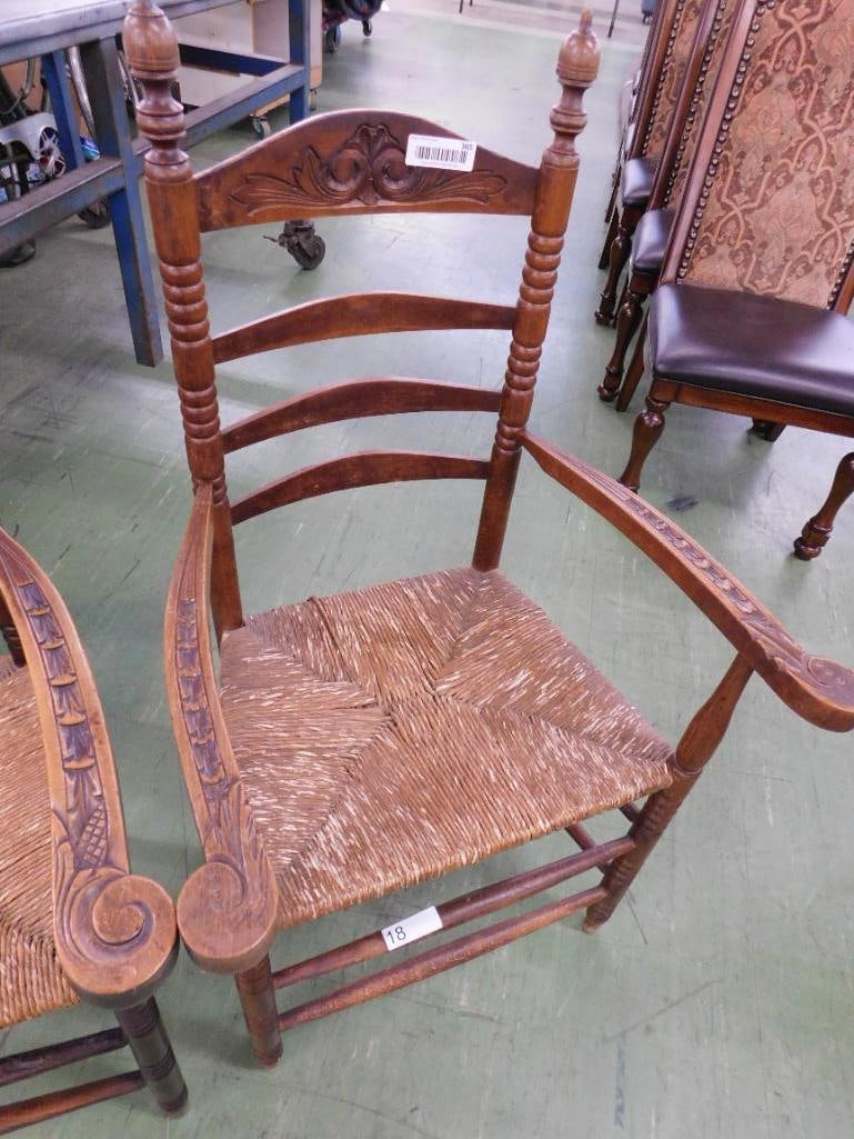 Pair of Early hand carved Ladder Back Arm Chairs - Rush bottom Seats - 42" x 25.5" x 22" - 3