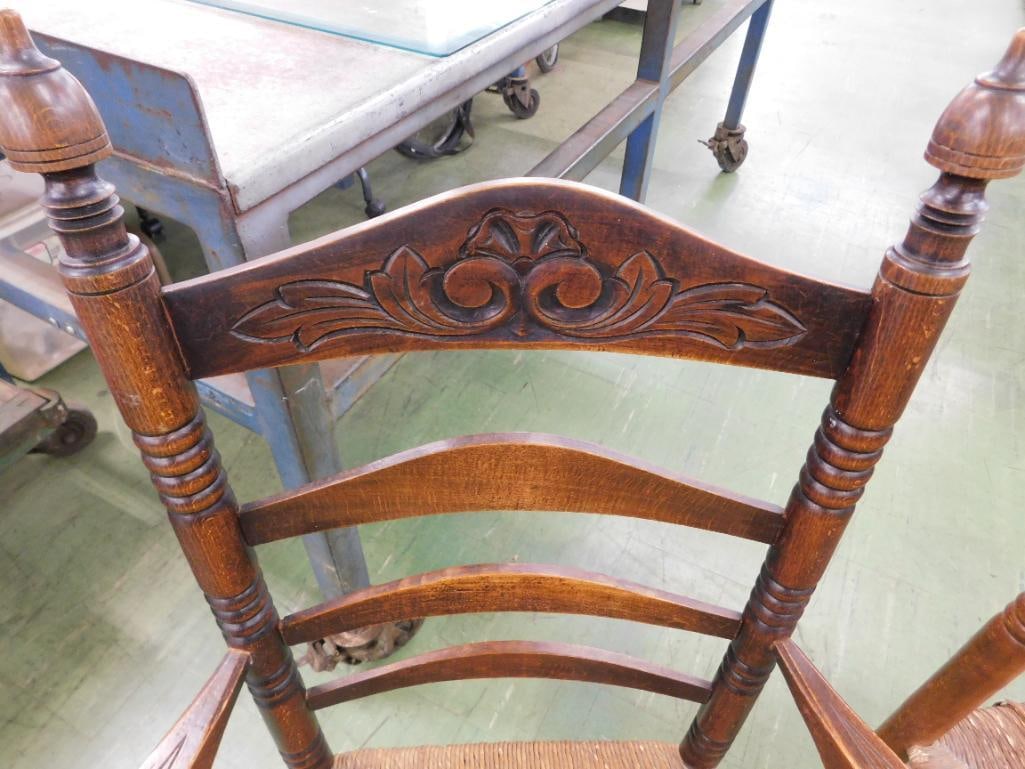 Pair of Early hand carved Ladder Back Arm Chairs - Rush bottom Seats - 42" x 25.5" x 22" - 4