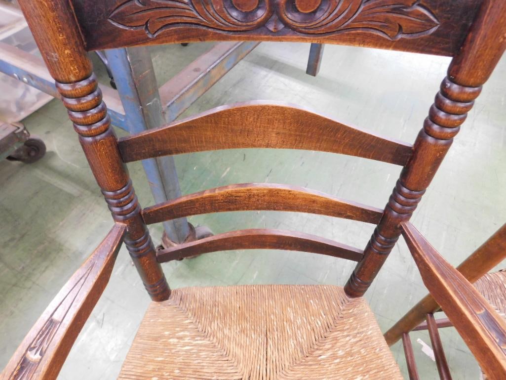 Pair of Early hand carved Ladder Back Arm Chairs - Rush bottom Seats - 42" x 25.5" x 22" - 5