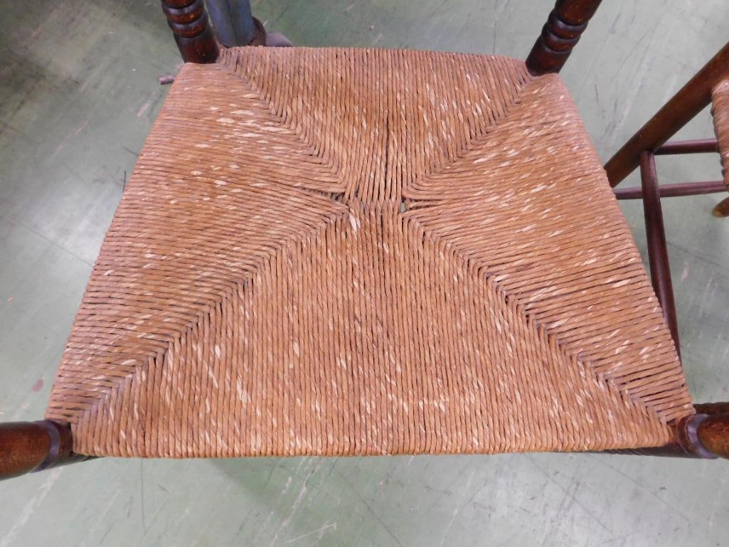 Pair of Early hand carved Ladder Back Arm Chairs - Rush bottom Seats - 42" x 25.5" x 22" - 6