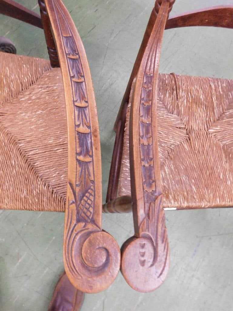 Pair of Early hand carved Ladder Back Arm Chairs - Rush bottom Seats - 42" x 25.5" x 22" - 7