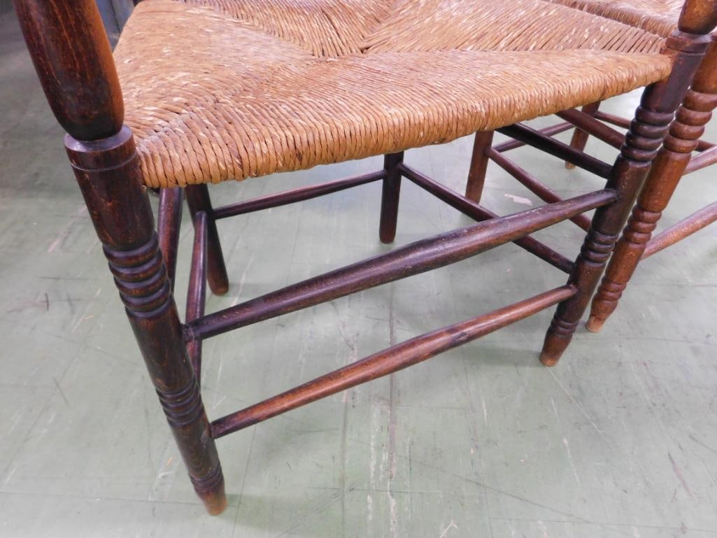 Pair of Early hand carved Ladder Back Arm Chairs - Rush bottom Seats - 42" x 25.5" x 22" - 8