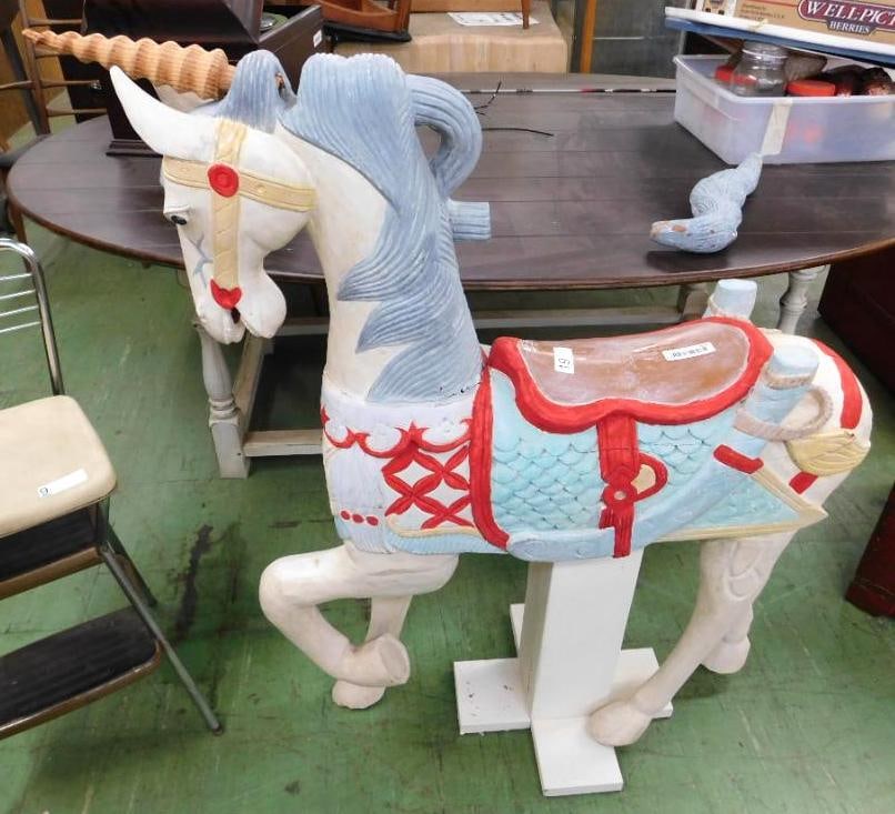 Modern Wood Merry Go Round Horse "Unicorn" - Tail Separate - 47" x 42" x 16": See Photos For Condition and Details