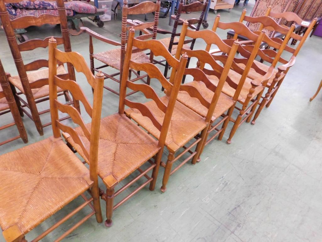 Group of 6 Stickley Cherry Ladder Back Dining Chairs - Rush Seats - 2 Arm - 4 Side: Side Chair 40" x 19" x 19" - See Photos For Condition and Details