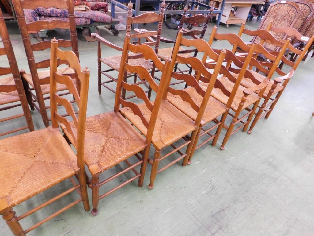 Group of 6 Stickley Cherry Ladder Back Dining Chairs - Rush Seats - 2 Arm - 4 Side - 7