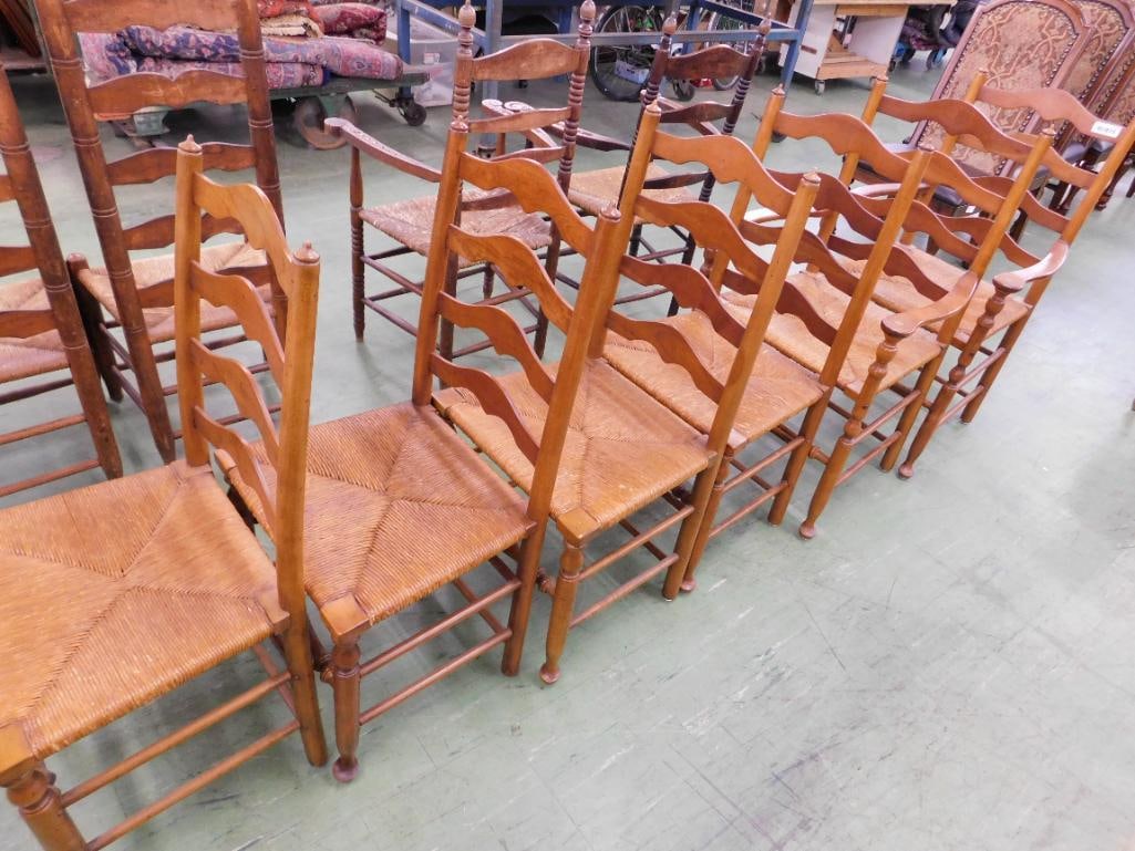 Group of 6 Stickley Cherry Ladder Back Dining Chairs - Rush Seats - 2 Arm - 4 Side - 8