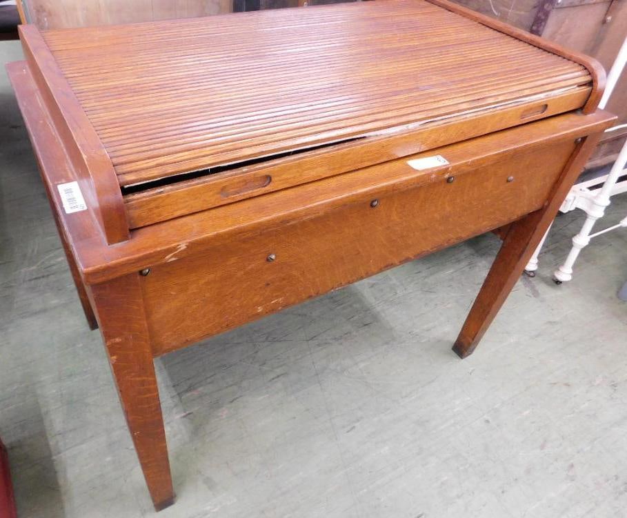 Vintage Roll Top School Desk - 35" x 40.5" x 25.5": Tambour Needs TLC But Works - See Photos For Condition and Details