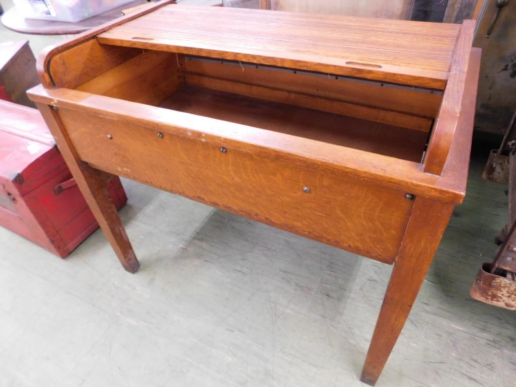 Vintage Roll Top School Desk - 35" x 40.5" x 25.5" - 8
