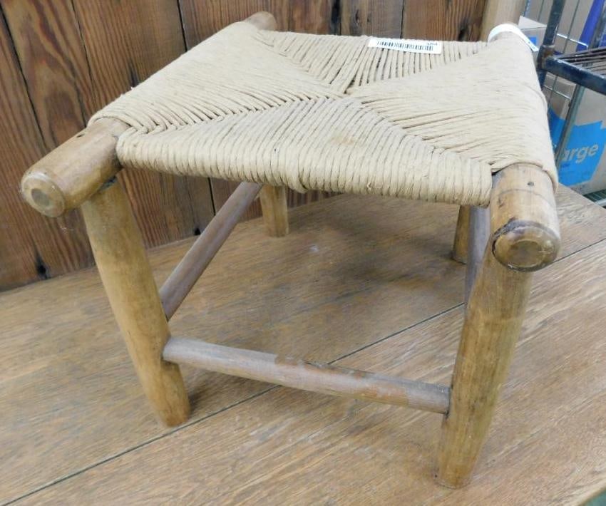 Wood Foot Stool with Rush Top - 11" x 11.5" x 14.5": See Photos For Condition and Details