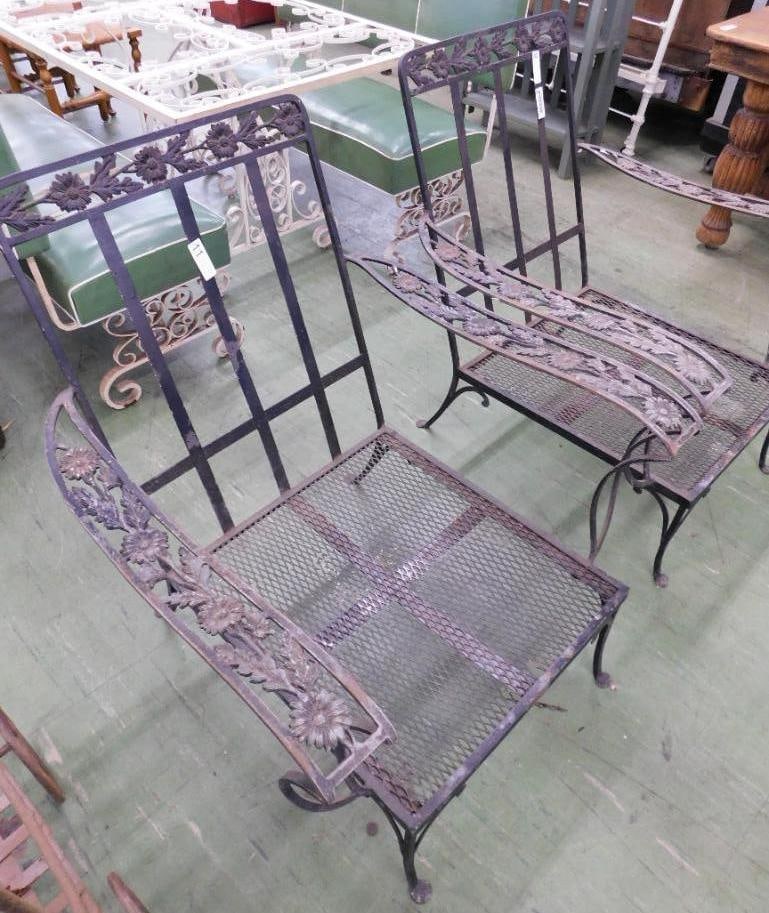 Pair of Wrought Iron Patio Arm Chairs - No Cushions - Each 35" x 31" x 31": See Photos For Condition and Details