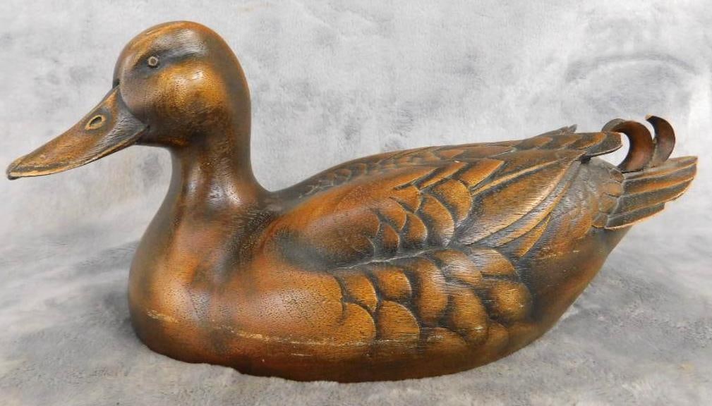 Early 80s Jules Bouillet Signed Carved Decoy - "Mallard II" - 5.5" x 11.5" x 5": Tail Has Some Missing Wood - See Photos For Condition and Details
