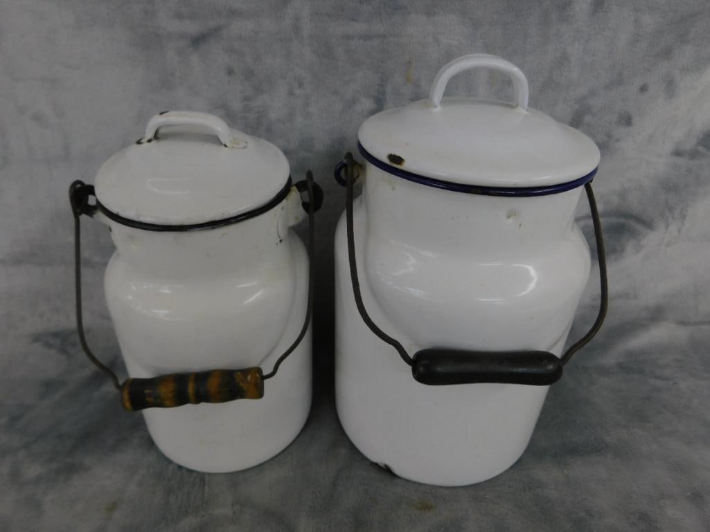 Pair of Lidded Enameled Milk Cans - 9.25" and 10.75" Tall - 10