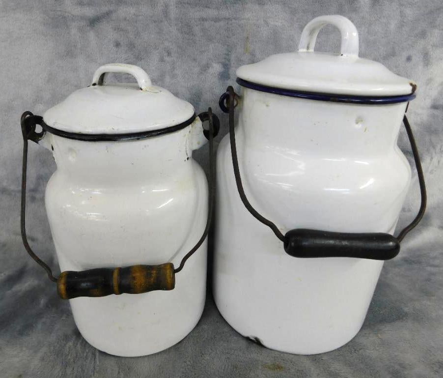 Pair of Lidded Enameled Milk Cans - 9.25" and 10.75" Tall: See Photos For Condition and Details