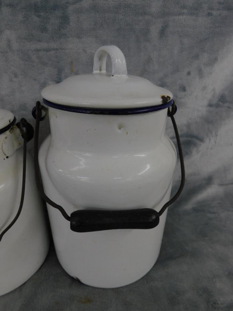 Pair of Lidded Enameled Milk Cans - 9.25" and 10.75" Tall - 2