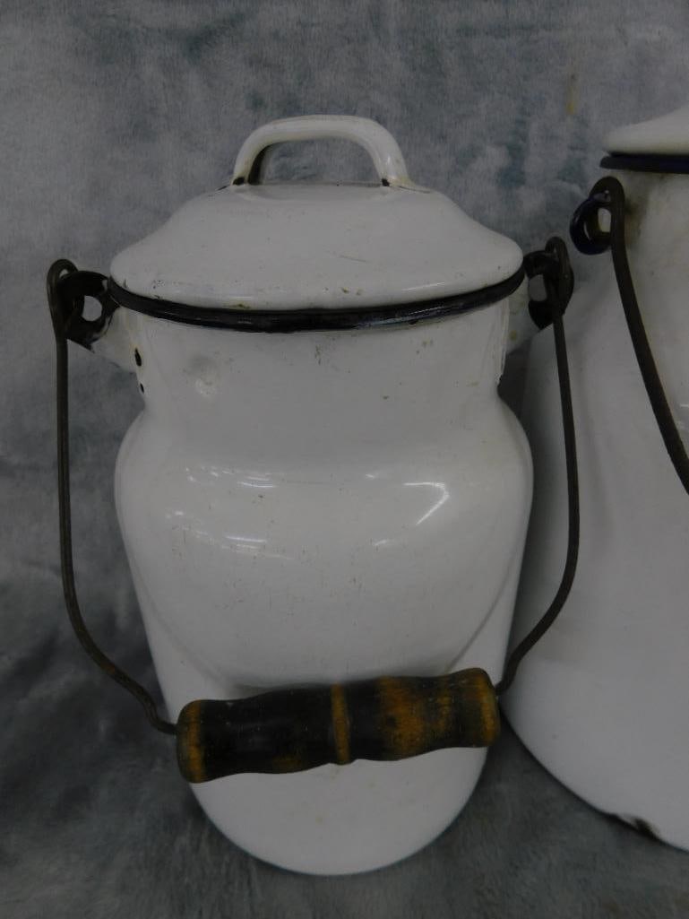 Pair of Lidded Enameled Milk Cans - 9.25" and 10.75" Tall - 3