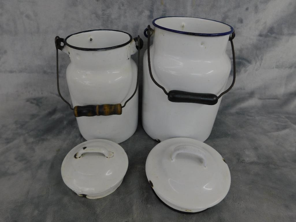 Pair of Lidded Enameled Milk Cans - 9.25" and 10.75" Tall - 4