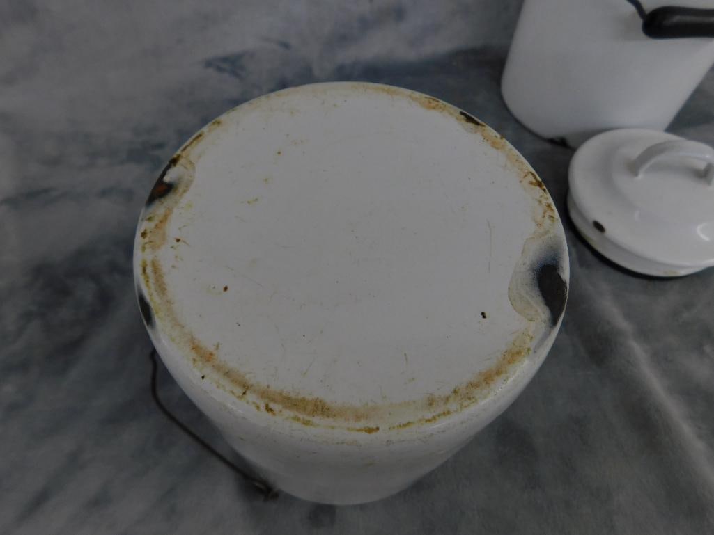 Pair of Lidded Enameled Milk Cans - 9.25" and 10.75" Tall - 7
