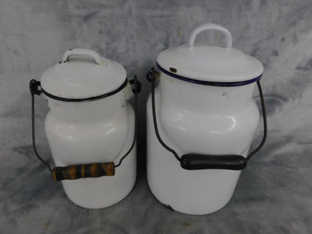 Pair of Lidded Enameled Milk Cans - 9.25" and 10.75" Tall - 9