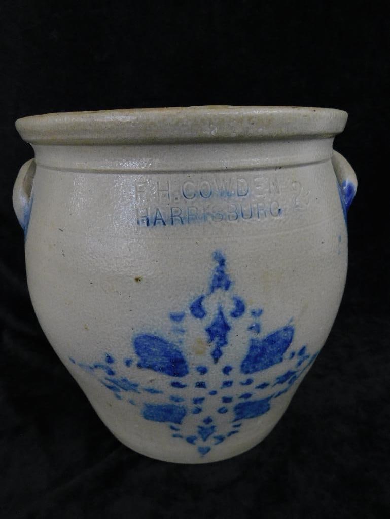 F.H. Cowden - 2 Gallon Salt Glazed Handled Jar - Harrisburg PA - 10.25" x 10" - 10