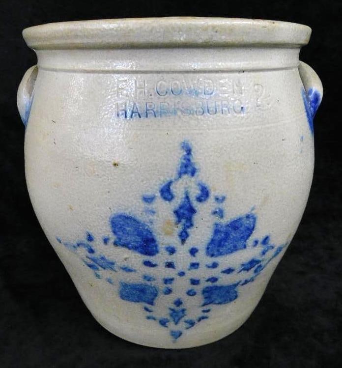 F.H. Cowden - 2 Gallon Salt Glazed Handled Jar - Harrisburg PA - 10.25" x 10": See Photos For Condition and Details