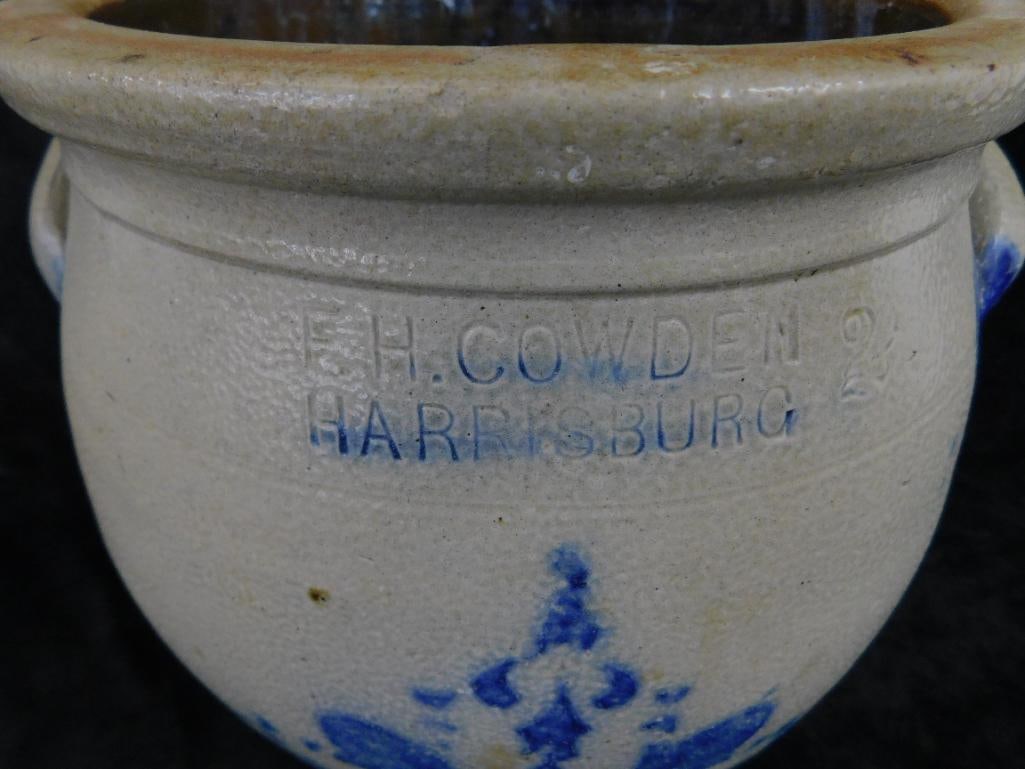 F.H. Cowden - 2 Gallon Salt Glazed Handled Jar - Harrisburg PA - 10.25" x 10" - 2