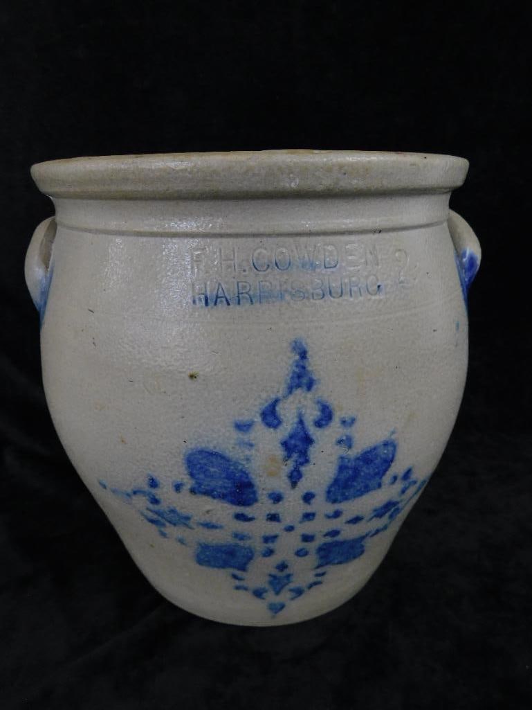 F.H. Cowden - 2 Gallon Salt Glazed Handled Jar - Harrisburg PA - 10.25" x 10" - 9