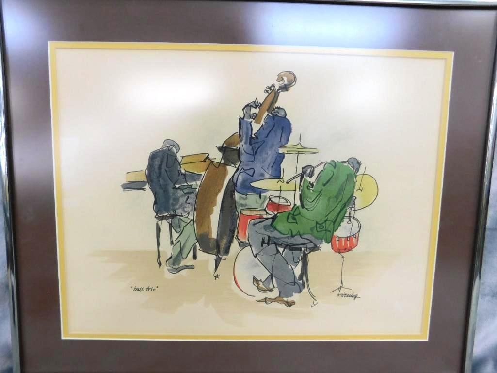 Vintage Jazz Watercolor - Signed - "Bass Trio" - 17.25" x 21.25": See Photos For Condition and Details