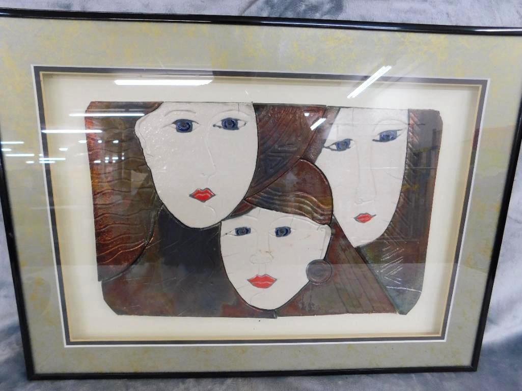 Framed Raku Pottery "Puzzle" - Unsigned - Masks - 16.25" x 22.25": See Photos For Condition and Details