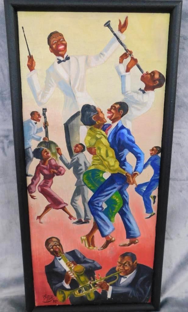 Vintage Oil on Canvas - Jazz Band and Dancers - Signed - 26.25" x 12.5": See Photos For Condition and Details