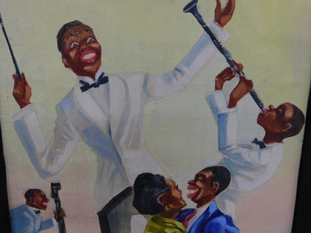 Vintage Oil on Canvas - Jazz Band and Dancers - Signed - 26.25" x 12.5" - 2
